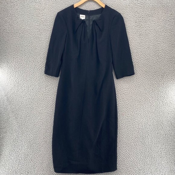 Armani Dress Womens 4 Black Sheath 3/4 Sleeve Notch Neck Career Office Modest - Picture 1 of 11